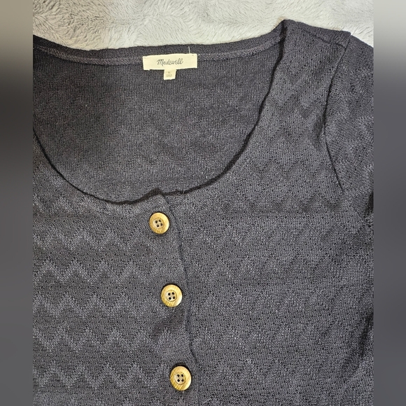 Madewell Short Sleeve Chevron Knit Black Button Up Blouse Large Medium - Picture 6 of 9